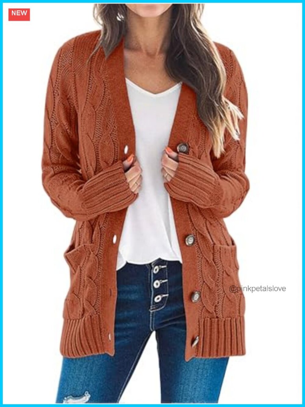 Cable Knit Long Sleeve Button Down Cardigan Sweater with Pockets